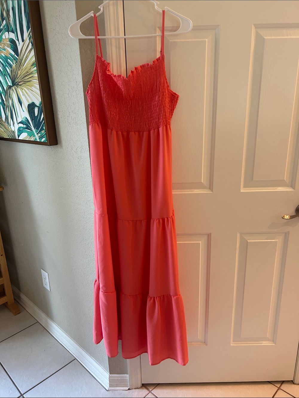 Women's Coral Tiered Maxi Dress with Smocked Bodice